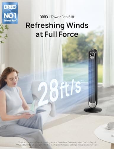 DREO Tower Fan for Bedroom, DC Motor, 28 ft/s, 20dB Quiet Oscillating Bladeless Fan with Remote, 9 Speeds, 4 Modes, 12H Timer, LED Display, Standing Floor Fan Powerful for Indoor Home Office Room