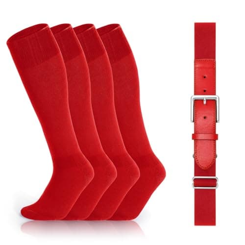 Youth Baseball Socks and Belt Combo, Set 2 Football Baseball Socks with Elastic Softball Belt for Boys Red