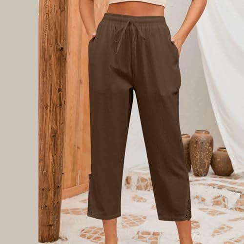 TXGMNA Womens Summer Linen Capri Pants 2026 Fashion Lace Embroidery Splicing Lightweight Boho Beach Capris with Pocket Coffee — view 4