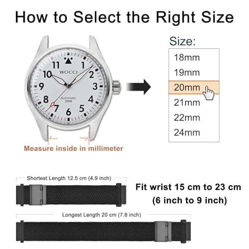 WOCCI 21mm Braided Nylon Watch Band for Men and Women, Quick Release, Black Stainless Steel Buckle (Black) — view 3