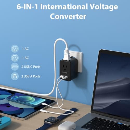 ANTPO 220V to 110V Voltage Converter US to Europe with 2 USB Port 2 USB C PD 20W,2 AC Outlets Travel Converter for European Travel Power Adapter Combo for Germany France Italy Spain (Black) — view 2
