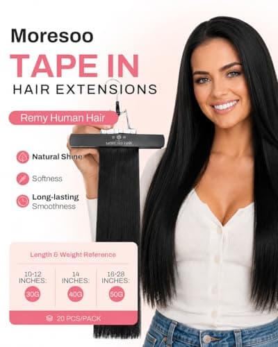 Moresoo Black Tape in Hair Extensions Human Hair 18 Inch Off Black Hair Extensions for Women Remy Skin Weft Human Hair Tape in Extensions #1B to Add length and Volume 20pcs 50G