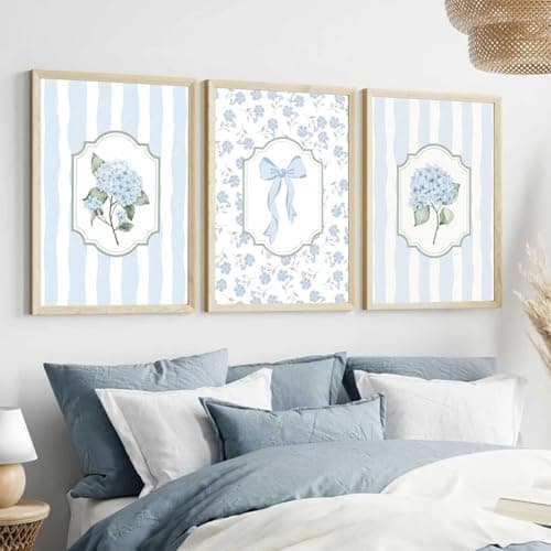3Pcs Blue Hydrangea Wall Art Trendy Light Blue Striped Watercolor Bow Coquette Pictures Wall Decor Coastal Flower Botanical Aesthetic Posters Prints for Girls Bedroom Dorm Apartment Unframed 12x16in