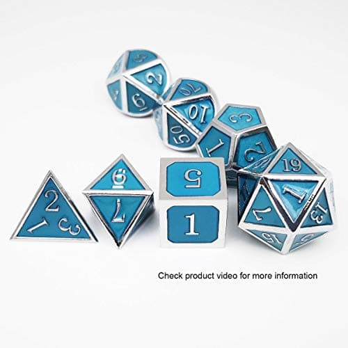 Haxtec Glow in The Dark Metal Dice Set Glowing Blue Silver W/ Dragon Dice Bag 7 Die D&D Dice Set for Dungeons and Dragons RPG Games-Silver Glowing Blue — view 4
