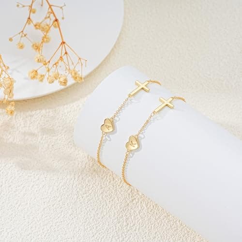 Lunvky 14k Gold Plated Initial Cross Bracelets for Women, Silver Dainty Cute Heart Name Letter Bracelet for Teen Trendy Stuff Confirmation Religious Christian Jewelry Birthday Jesus Gifts — view 5