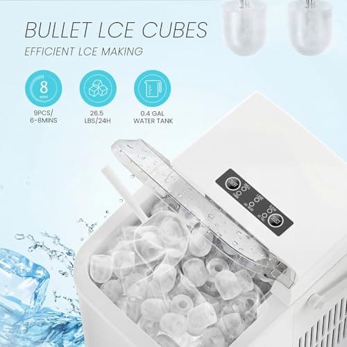 KMFurnila Ice Makers Countertop, Portable Ice Machine with Handle, 6 Mins 9 Bullet Ice Cubes with Basket and Scoop, 26lbs in 24Hrs, Auto-Cleaning, for Home, Kitchen, RV, Camping, White — view 2