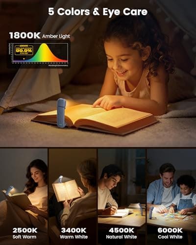 Glocusent 12 LED Book Light, Reading Lights for Books in Bed with 5 Colors & 5 Brightness, Portable Clip on Reading Light, USB-C Rechargeable for 200H with Travel Lock, Perfect Gifts for Book Lovers — view 4