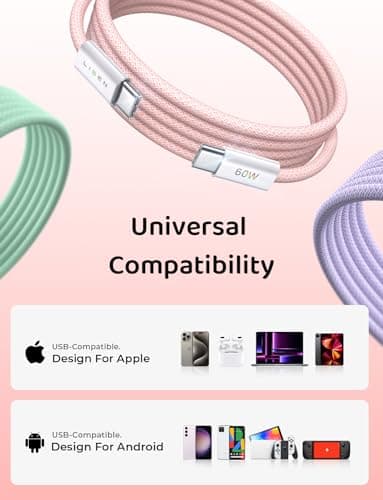 LISEN USB C Cable, 3-Pack [3.3/3.3/3.3FT] USBC to USBC Cable for iPhone 16e 15 Pro Max Charger Cord, 60W (3.1A) C to C Cable Fast Charging for Samsung S25/S24/23, Switch 2, iPad, MacBook — view 5
