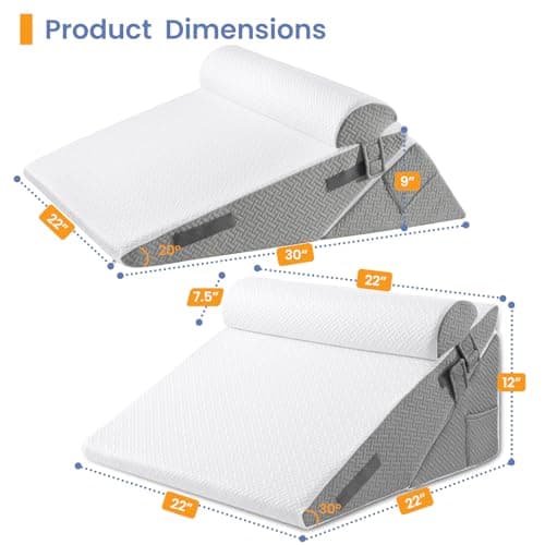 Sasttie Wedge Pillows for Adult, 2PCS Adjustable Bed Wedge Pillow for Post Surgery, Triangle Pillow Headboard with Bolster Cushion for Sleeping, Acid Reflux, Neck & Back Support, White and Dark Grey
