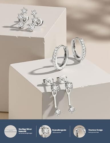 FIASASO 3 Pairs 925 Sterling Silver Hypoallergenic Earrings for Women Trendy - 14K Gold Plated Stud Hoop Cartilage Earrings Set Small Earring Stacks for Sensitive Ears Non Tarnish Dainty Silver Earring — view 3