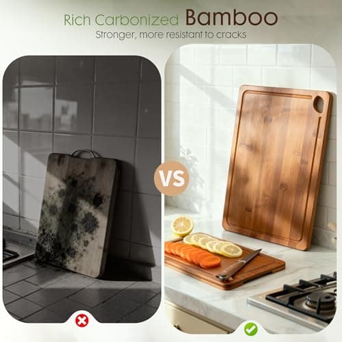 Astercook Deep-Carbonized Bamboo Cutting Boards for Kitchen with Wood Storage Stand, Reversible Charcuterie & Chopping Boards with Juice Grooves and Easy-Grip Handles, Fathers Day Gift for Men — view 8