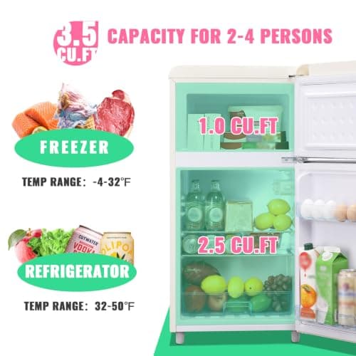 DEMULLER 100L Retro Mini Fridge with Freezer Dual Doors & Handles Compact Refrigerator with 7 Thermostat Control Freestanding Small Fridge with LED Light Cream — view 2