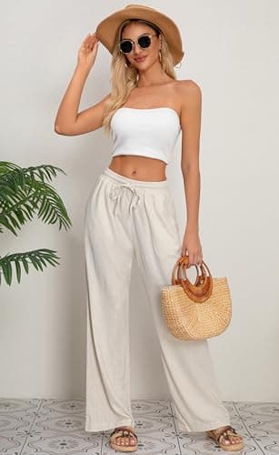 AISEW Women's Cotton Linen Palazzo Pants Drawstring Elastic Waist Casual Wide Leg Long Lounge Trousers with Pockets (Beige, 7031M) — view 4