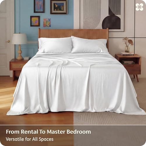 Bedsure 100% Rayon Derived from Bamboo Sheets Queen Size Set, Cooling Sheets for Hot Sleepers, Breathable & Soft Queen Bedsheets, Deep Pocket Up to 16 Inches, Bedsheet & Pillowcase Sets, White — view 4