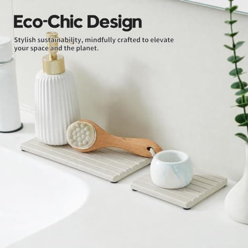 Diatomaceous Earth Sink Organizer Tray Set, 3-Pack Fast Drying Water Absorbing Stone Soap Holder Caddy for Kitchen & Bathroom Counter, Faucet Splash Guard, Beige (1pc of 8"x3.8" + 2pcs of 3.8"x3.8") — view 3