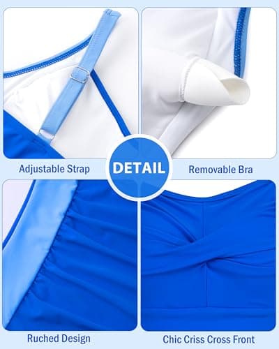 DAXIANG Girls One Piece Swimsuit Modest Ruched Color Block Bathing Suit Tween Adjustable Straps Padded Swimwear Size 14 Royal Blue — view 5