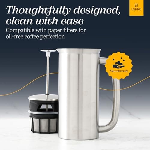ESPRO Pro P7 Brushed Stainless Steel French Press 304 – Patented Double Walled Micro-Filter Insulated French Press Coffee Maker, Grit-Free Brew - Heat Resistant BPA Free - 18oz — view 8