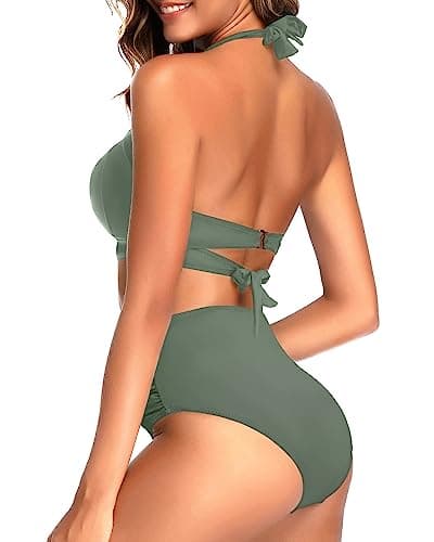 Tempt Me Women Two Piece Vintage Swimsuit Retro Halter Ruched High Waist Bikini with Bottom, Olive Green, S — view 3