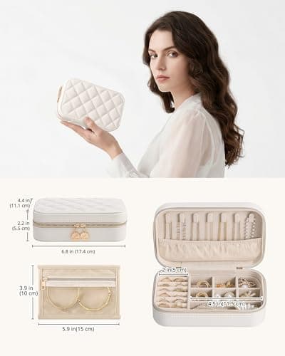 Lolalet Travel Jewelry Case for Women Girls, Travel Jewelry Organizer with Clear Storage Bag Small Portable Jewelry Box for Necklace Bracelet Earring Ring Valentines Bridesmaid Gifts -Medium/Beige — view 4
