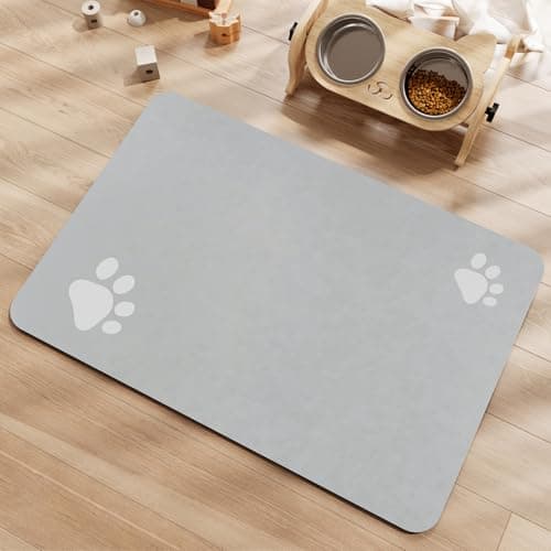 Dog Cat Food Mat Pet Bowl Mat Absorbent No Stains Quick Dry-Innovative Pet Supplies Dog Cat Accessories-Water Dispenser Mat for Messy Drinkers-Light Grey with Paw Pattern 12"x19" — view 6