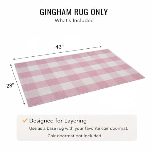 Spring Pink and White Plaid Rug, 2'4" x 3'7" Cotton Blend Layered Doormat Rug for Front Door, Hand-Woven Washable Entryway & Porch Decor
