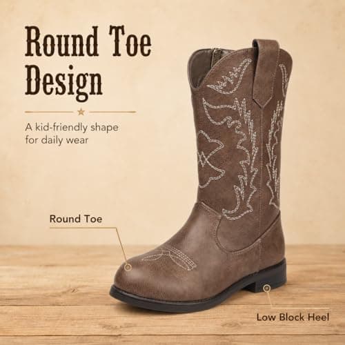 Kids Cowboy Boots Cowgirl Boots For Girls & Boys, Dark Brown Western Cowboy Boots With Side Zipper, Pu Leather Round Toe Little Kid Boots — view 3