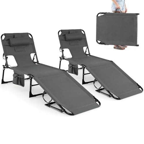 GYMAX Tanning Chair with Face Hole, Sun Bathing Lounge Chairs for Outside with Side Pocket, Folding Portable Face Down Layout Tanning Chair Beach, Backyard, Poolside, Lawn (1, Grey)