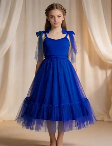 Arshiner Girls Dresses Summer Sleeveless Bow-Tie Straps Birthday Party Long Tulle Dress Royal Blue Tween 10-11 Years
