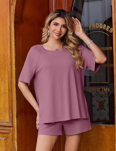 Ekouaer Two Piece Sets for Women Summer Lounge Short Sets Moisture-Wicking Casual Airport Travel Matching Outfits,Old Rose,Large — view 2
