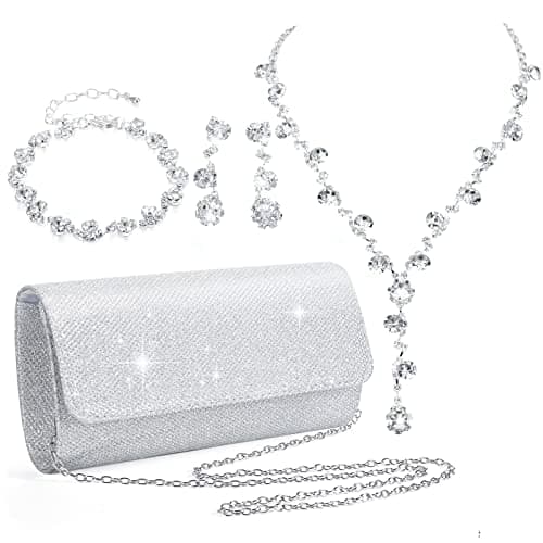 Meanplan 4 Pcs Silver Clutch Purse Jewelry Set for Women Rave Accessories Evening Rhinestone Purse Silver for Bride Wedding(Elegant Style)