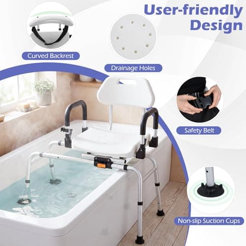 Giantex Sliding Shower Chair with Swivel Seat, Adjustable Height Tub Transfer Bench with Flip-Up Padded Armrests, Safety Belt, Wide Water-Draining Seat & Non-Slip Suction Feet for Seniors — view 5