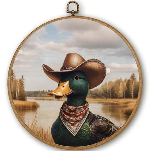 PRESSINART Cowboy Duck Decor 10 x 10 Inch Duck Framed Art Vintage Western Animal Round Wall Decor Linen Hanging Canvas Artwork for Gallery Bedroom Bathroom Living Room Farmhouse Office Home Kitchen