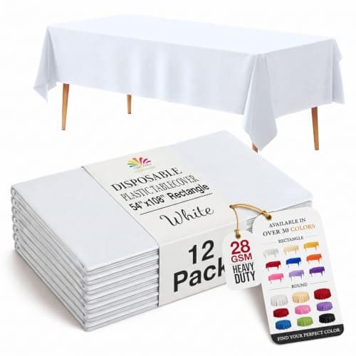 Exquisite 12-Pack Premium Plastic Tablecloth 54 Inch. x 108 Inch. Rectangle Table Cover-White