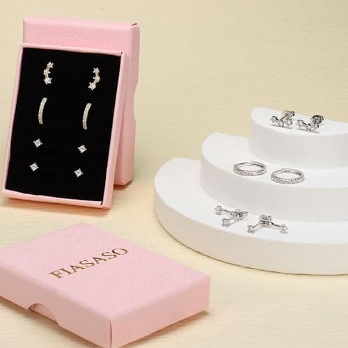 FIASASO 3 Pairs 925 Sterling Silver Hypoallergenic Earrings for Women Trendy - 14K Gold Plated Stud Hoop Cartilage Earrings Set Small Earring Stacks for Sensitive Ears Non Tarnish Dainty Silver Earring — view 8