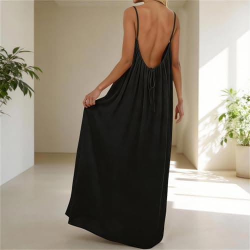 Tubeluck Backless Cami Dress for Women Summer Sleeveless Long Casual Sundress Lady Solid Color Open Back Lounge Dresses Holiday House (CA/US, Alpha, Medium, Regular, Regular, Black) — view 2