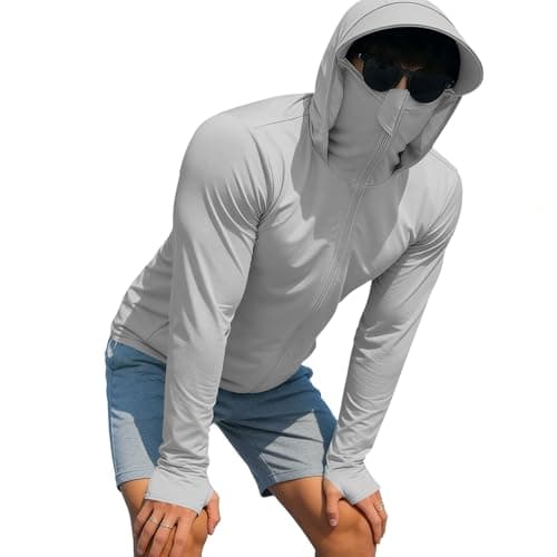 Sun Protection Fishing Shirts for Men UPF 50+ Long Sleeve Hoodie with Face Mask UV Rash Guard Quick Dry Hiking Shirt Full Zip Jacket Gray — view 5