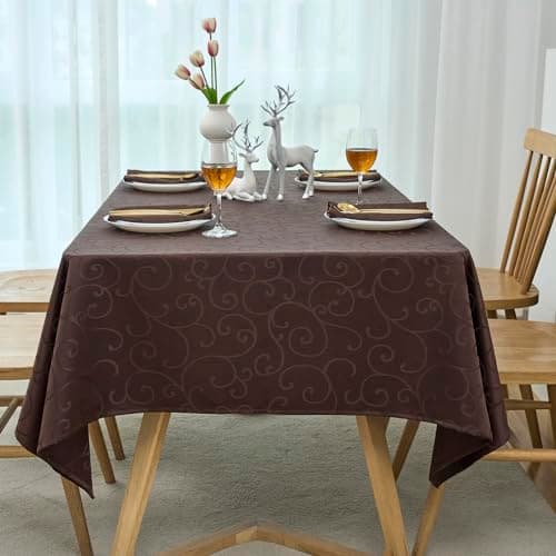 Marina Decoration Home Decor Jacquard Waterproof Thick Elegant Premium Solid Damask Scroll Decorative Kitchen Table Cloth Liquid Repellent Stain Resistant Tablecloth, Brown Color Oblong 52 x 70 Inch — view 2