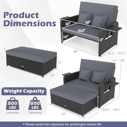 Tangkula Patio Rattan Daybed with 4-Level Adjustable Backrest, Outdoor PE Wicker Loveseat with Storage Ottoman & Folding Side Tray, Double Sunbed Lounger for Balcony, Backyard & Poolside (Grey) — view 4