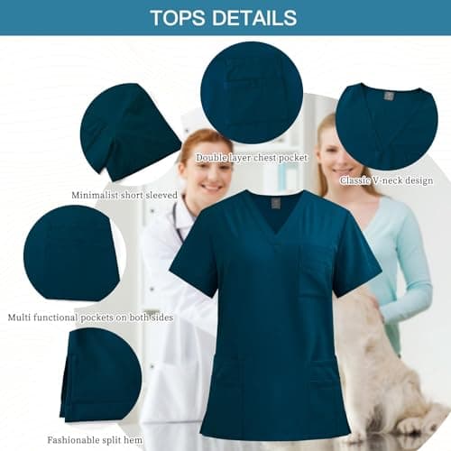 VIAOLI Scrubs Set Multiple pockets V-Neck Top and Drawstring Scrub Pant - Medical Uniform Women Scrub Set Clearance, Caribbean Blue, Medium