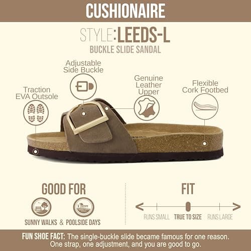 CUSHIONAIRE Leeds 100% Genuine Leather Suede Womens Sandals, Comfortable Slides for Women with Adjustable Statement Buckle, MOSS 8 — view 3