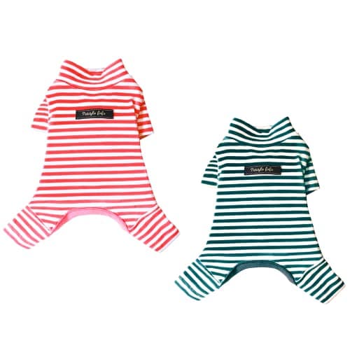 Hdwk&Hped Soft Cotton Dog Pajamas for All Seasons, Striped Pet Bottoming Jumpsuit for Small Dog Cat Puppy (#4, Striped Style - 2-Pack(red&Dark Green))