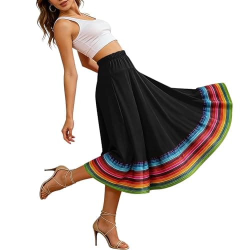 Women Long Full Circle Folklorico Dance Skirts Spanish Bull Folkloric Mexican Flamenco Performance Costume Clothes Black-XXXXL — view 4