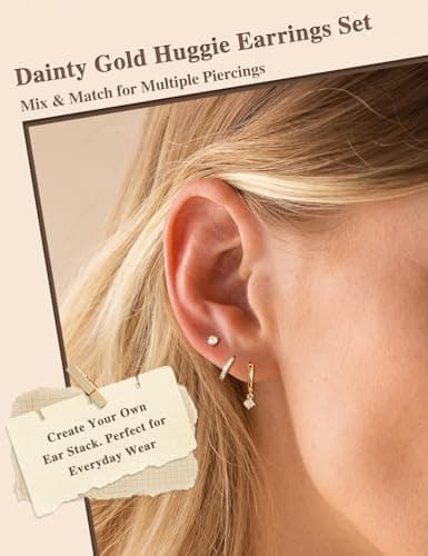 Freekiss Gold Stud Earrings for Women, Dainty Earring Set Simple Tiny 14K Gold Filled CZ Hypoallergenic Huggie Dangle Hoop Earrings Fashion Jewelry for Women Trendy Gifts — view 2