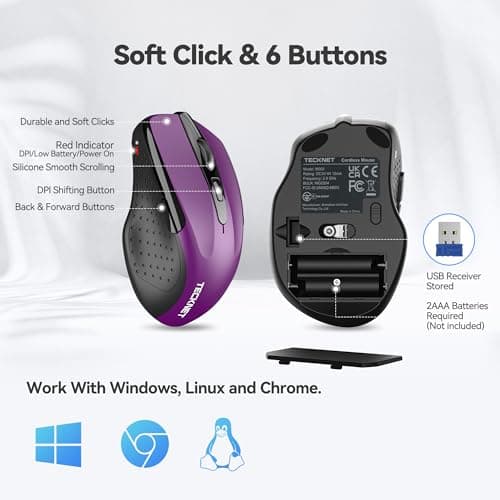 TECKNET Wireless Mouse, 2.4G Ergonomic Optical Mouse, Computer Mouse for Laptop, PC, Computer, Chromebook, Notebook, 6 Buttons, 24 Months Battery Life, 2600 DPI, 5 Adjustment Levels - Purple — view 4