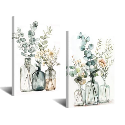 CXHOSTENT 2PCS Eucalyptus Wall Art Bathroom Floral Picture Watercolor Botanical Paintings Glass Vases Canvas Print Sage Green Leaves Poster Rustic Kitchen Decor Framed (White, 11x14inchx2 Pieces)