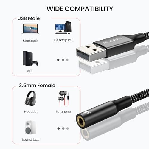 MOSWAG USB to 3.5mm Jack Audio Adapter 0.65Feet/20cm, External Sound Card Support Mic TRRS Headset with 3.5mm Aux Stereo Converter Compatible with Windows, PC, Laptop, Mac, Linux, Desktops, PS4