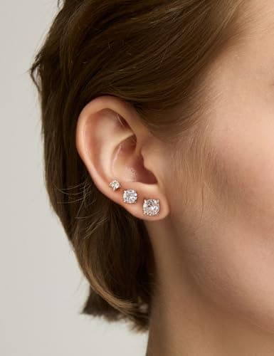 6 Pairs Stud Earrings Set, Hypoallergenic Cubic Zirconia 316L Earrings Stainless Steel CZ Earrings 3-8mm (Steel color) — view 2