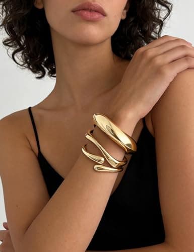 Chunky Gold Bangle Bracelets for Women, Dainty 14k Gold Plated Big Stackable Bangles Set, Trendy Cuff Bracelet Stack Non Tarnish Summer Beach Jewelry Valentines Gifts for Wife Mom — view 2