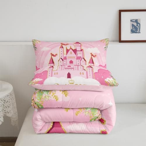Manfei Kids Princess Comforter Set Bed in a Bag Twin Size 2 Piece Soft Cute Pink Princess Castle Girls Bedding Set (1 Comforter, 1 Pillowcase) — view 5