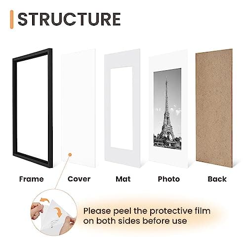 upsimples 8x12 Picture Frame Set of 5, Display Pictures 6x8 with Mat or 8x12 Without Mat, Wall Gallery Photo Frames, Black — view 2